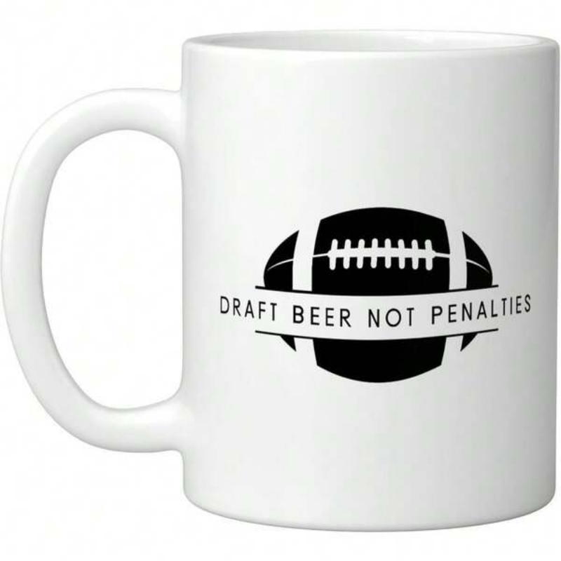 Tailorly White Ceramic 11 oz Mug - Draft Beer Not Penalties American Style Football Silhouette With Simple Iconic White Lacing Detail Football