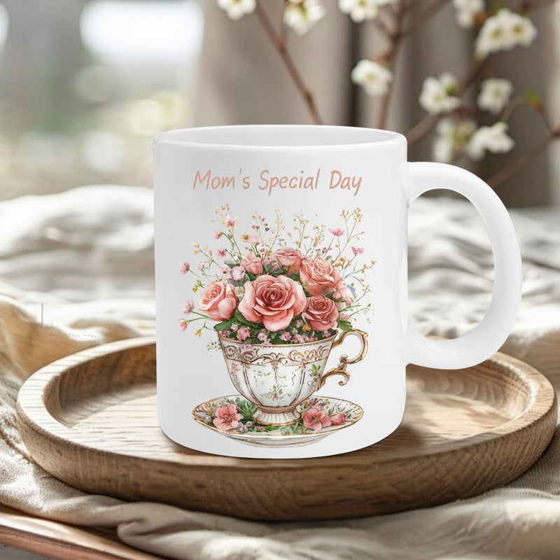 Tailorly White Ceramic 11 oz Mug - Mom's Special Day Pink Roses Blooming Inside An Elegant Vintage Porcelain Teacup Flowers