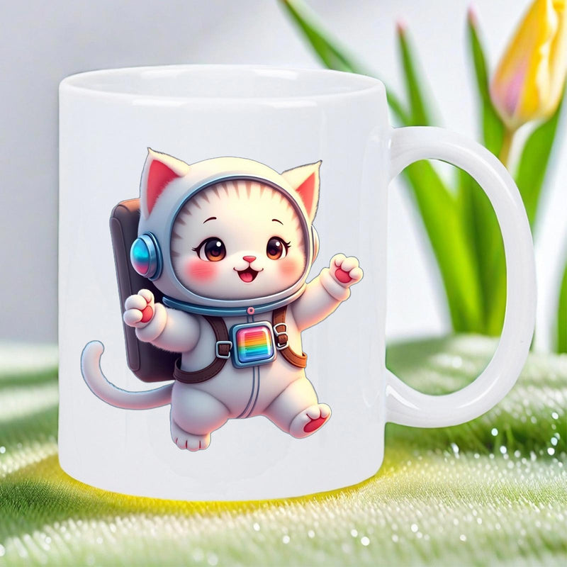Tailorly White Ceramic 11 oz Mug - Adorable Fluffy White Kitty In Astronaut Suit With Rainbow Badge Waving Cat