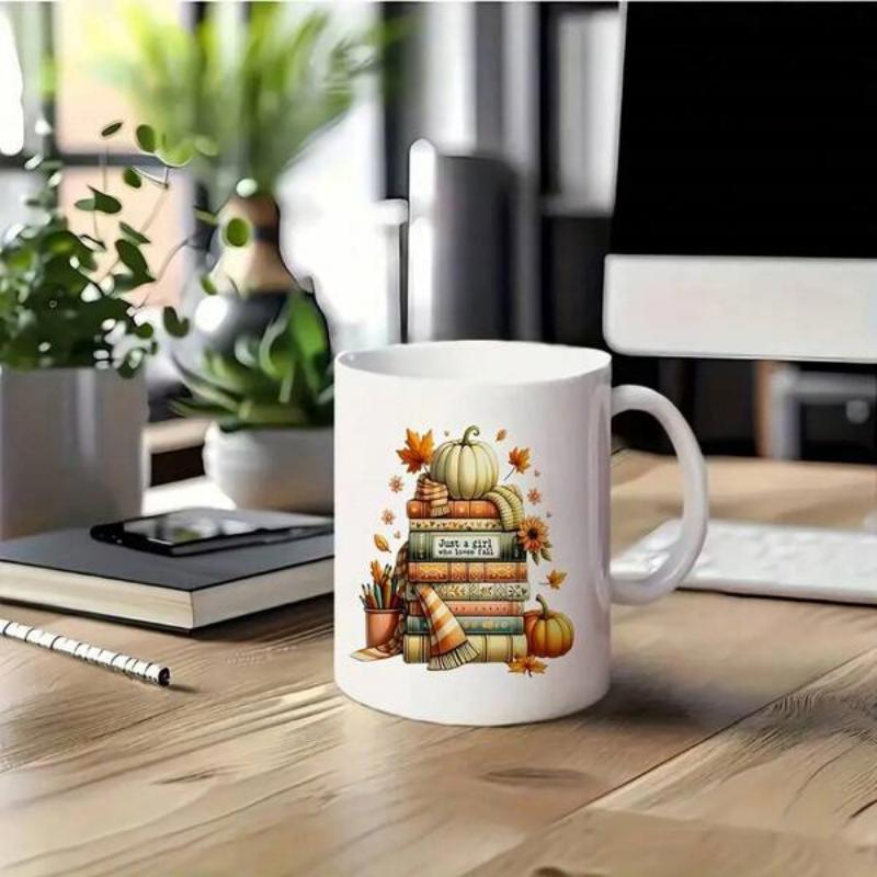 Tailorly White Ceramic 11 oz Mug - Reads Cozy Vintage Books Among Scattered Fall Leaves And Harvest Pumpkin