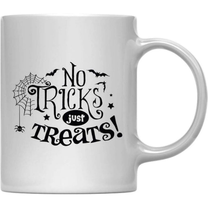 Tailorly White Ceramic 11 oz Mug - No Tricks Just Treats Spooky Spider Web With Small Bats Flying Among Distant Stars Mug