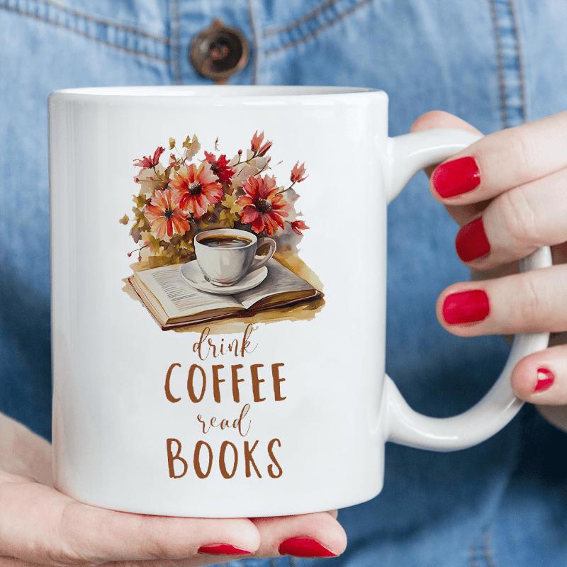 Tailorly White Ceramic 11 oz Mug - Drink Coffee Read Books Vibrant Red Flowers Blooming Over An Open Vintage Book With Steaming Coffee Cup