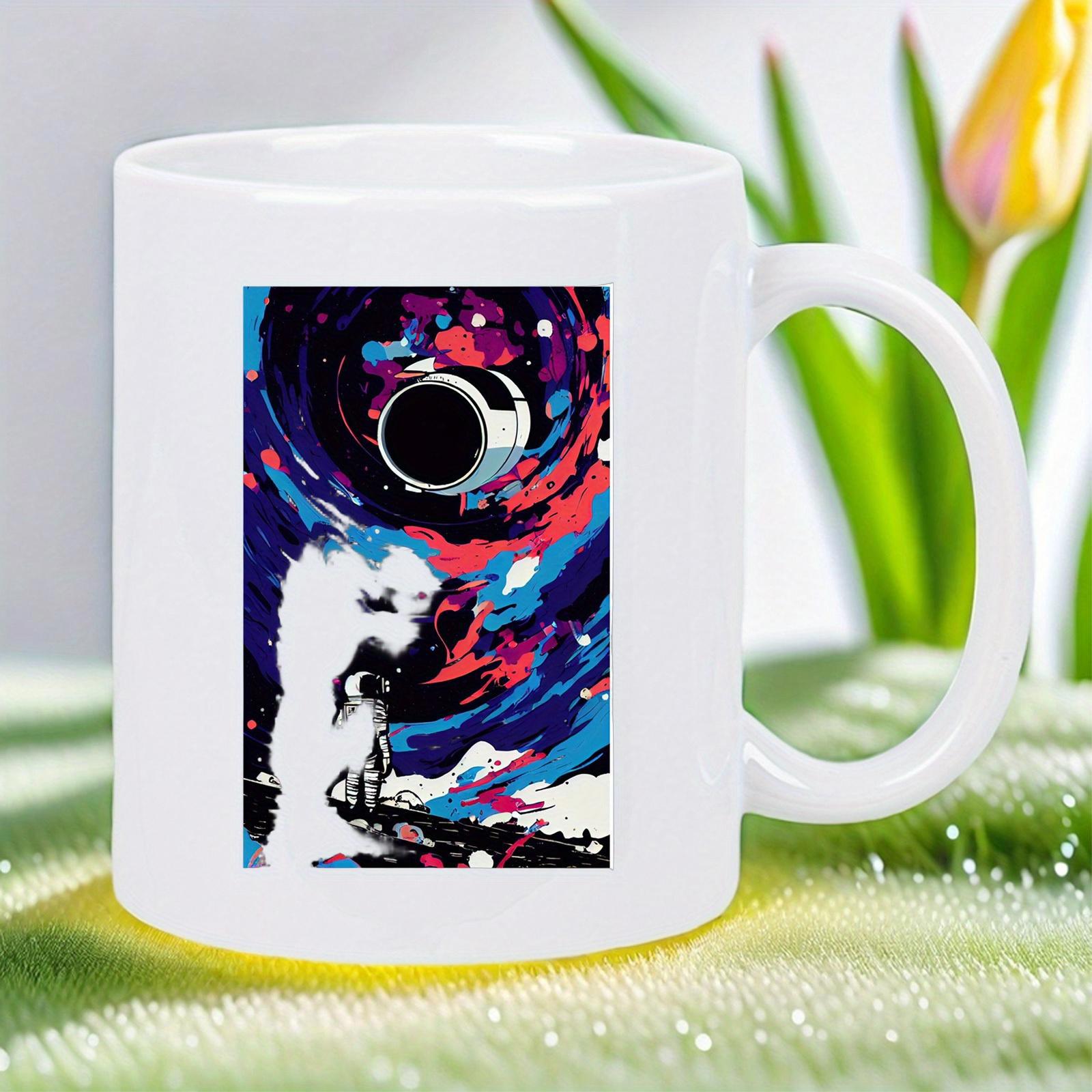 Tailorly White Ceramic 11 oz Mug - Colorful Galactic Nebula Swirls With A Silhouette Of A Space Explorer Astronaut