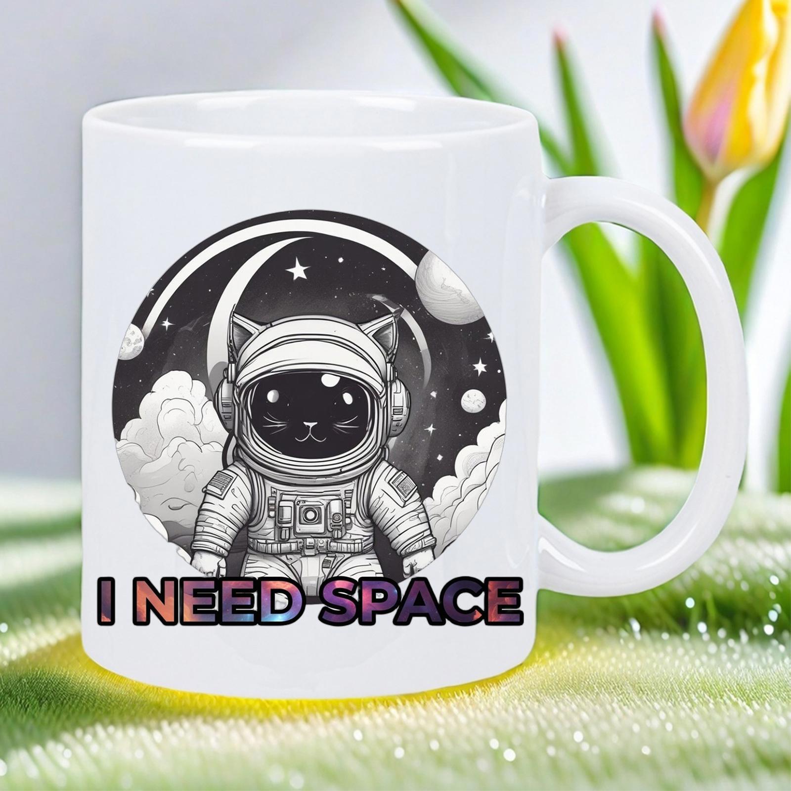 Tailorly White Ceramic 11 oz Mug - I Need Space Cute Cat Exploring Cosmic Galaxy Within Minimalist Circular Frame Astronaut