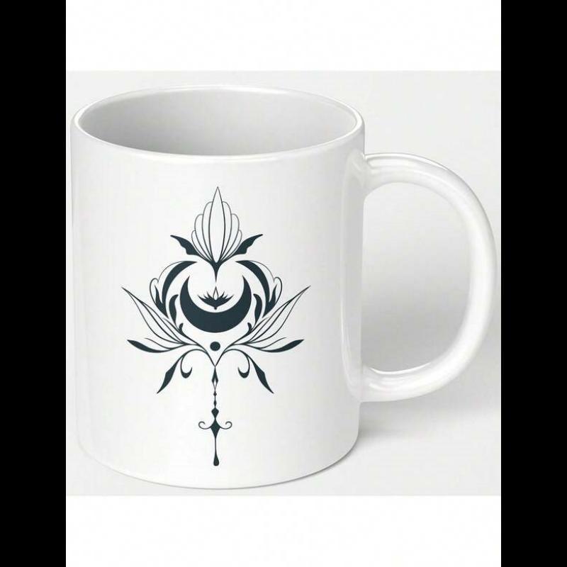 Tailorly White Ceramic 11 oz Mug - Intricate Symmetrical Crescent Moon With Ornamental Floral Lines And Geometric Detail Ornament
