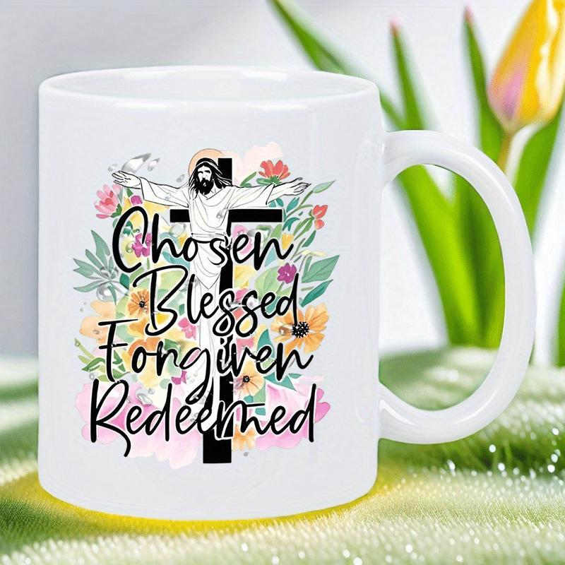 Tailorly White Ceramic 11 oz Mug - Chosen Blessed Forgiven Redeemed Spiritual Figure Of Jesus Among Vibrant Floral Bloom Decorations On Black Cross