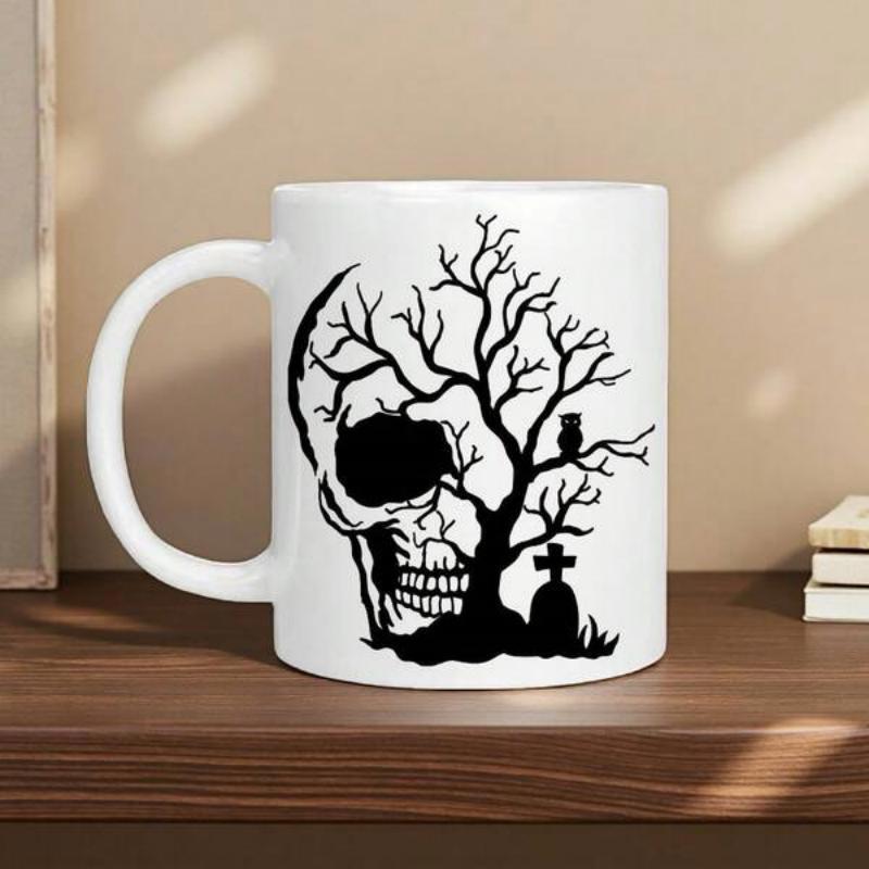 Tailorly White Ceramic 11 oz Mug - Spooky Leafless Tree Branches Forming A Human Skull Beside A Graveyard Skull