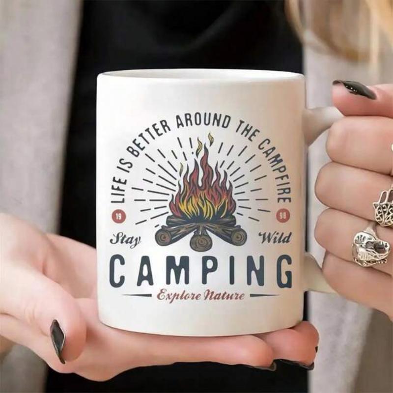 Tailorly White Ceramic 11 oz Mug - Life Is Better Around The Campfire Stay Wild Camping Explore Nature Burning Wood Logs With Radiant Beams Glowing Under The Night