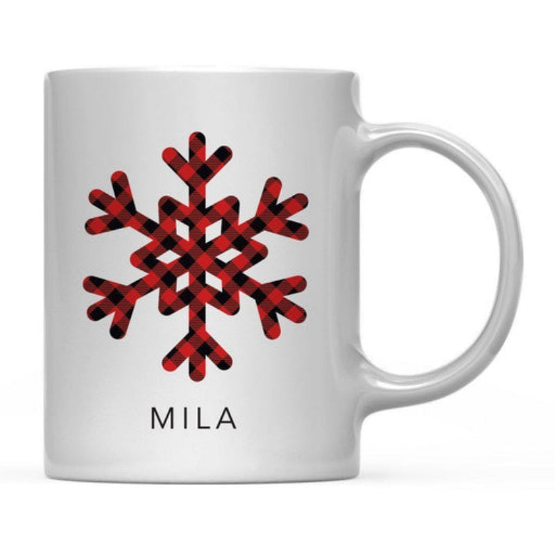 Tailorly White Ceramic 11 oz Mug - Mila Red And Black Checkered Buffalo Plaid Festive Winter Decorative Snowflake