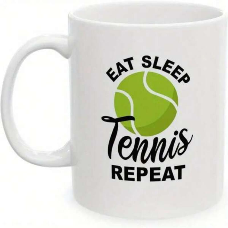 Tailorly White Ceramic 11 oz Mug - Eat Sleep Tennis Repeat Vibrant Green Felt Textured Surface With Curved White Seams Ball