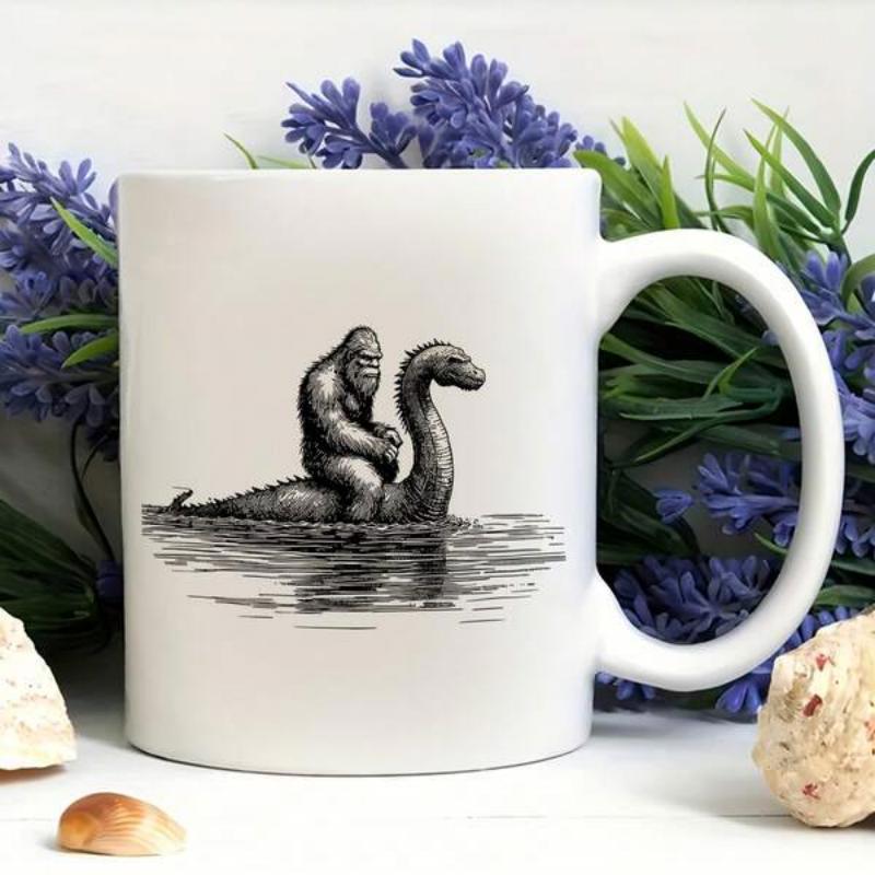 Tailorly White Ceramic 11 oz Mug - Sketch Style Mythical Sasquatch Riding Legendary Loch Ness Monster Across Water Bigfoot