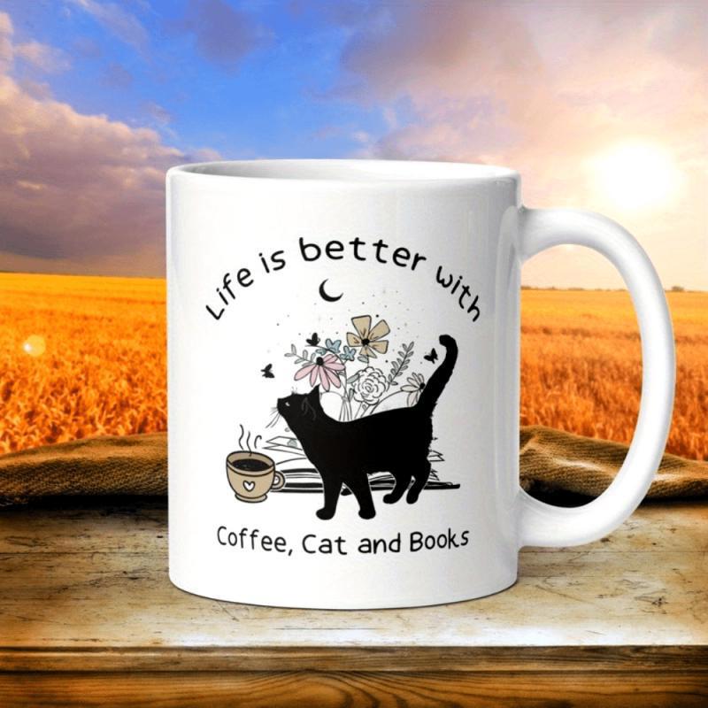 Tailorly White Ceramic 11 oz Mug - Life Is Better With Coffee Cat And Books Artistic Silhouette Of A Black Feline Among Blooming Flowers And Open Books Cat
