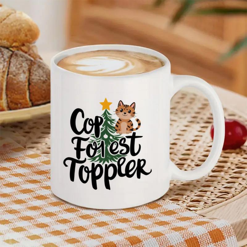 Tailorly White Ceramic 11 oz Mug - Cop Forest Toppler Adorable Tabby Sitting Beside A Small Christmas Tree With Star Cat