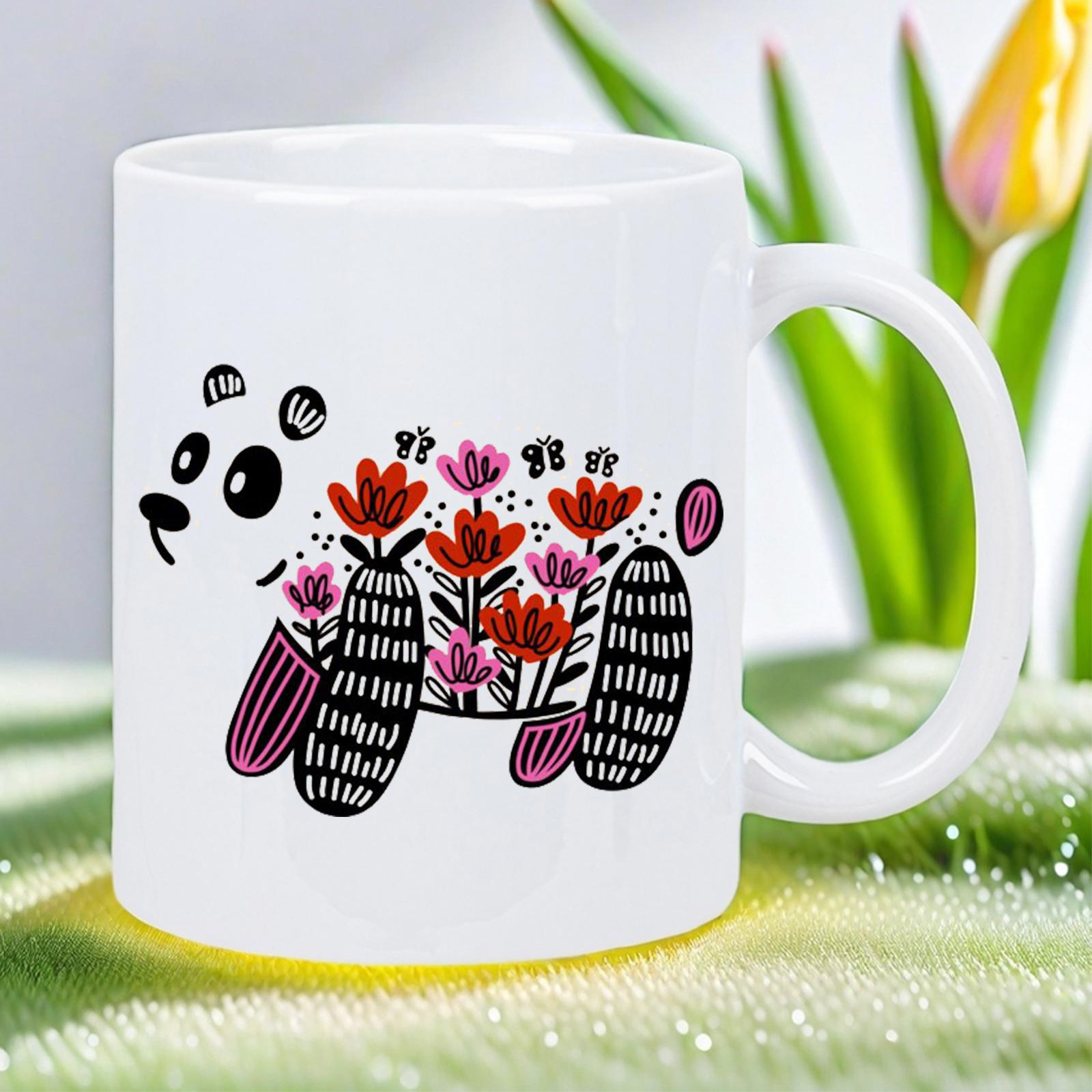Tailorly White Ceramic 11 oz Mug - Minimalist Artistic Illustration Featuring Vibrant Blooming Floral Patterns Forming A Panda