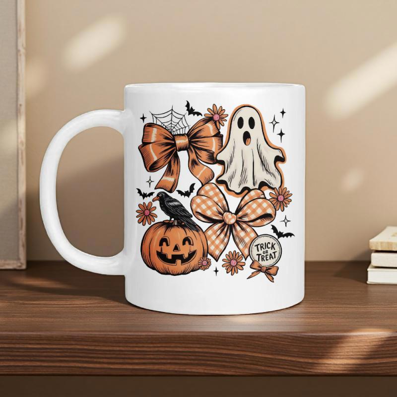 Tailorly White Ceramic 11 oz Mug - Trick Or Treat Spooky Ghost With Checkered Bows And Raven Perched On Smiling Pumpkin