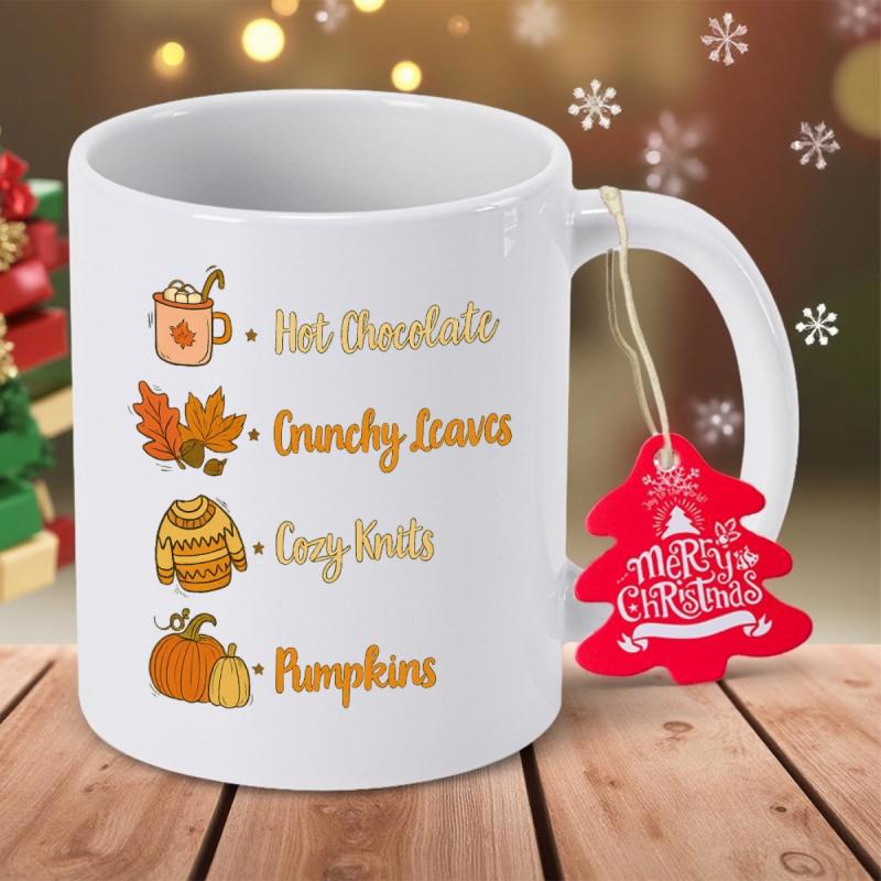 Tailorly White Ceramic 11 oz Mug - Hot Chocolate Crunchy Leaves Cozy Knits Pumpkins Hand Drawn Fall Icons Featuring A Cozy Sweater And Vibrant Pumpkins Mug