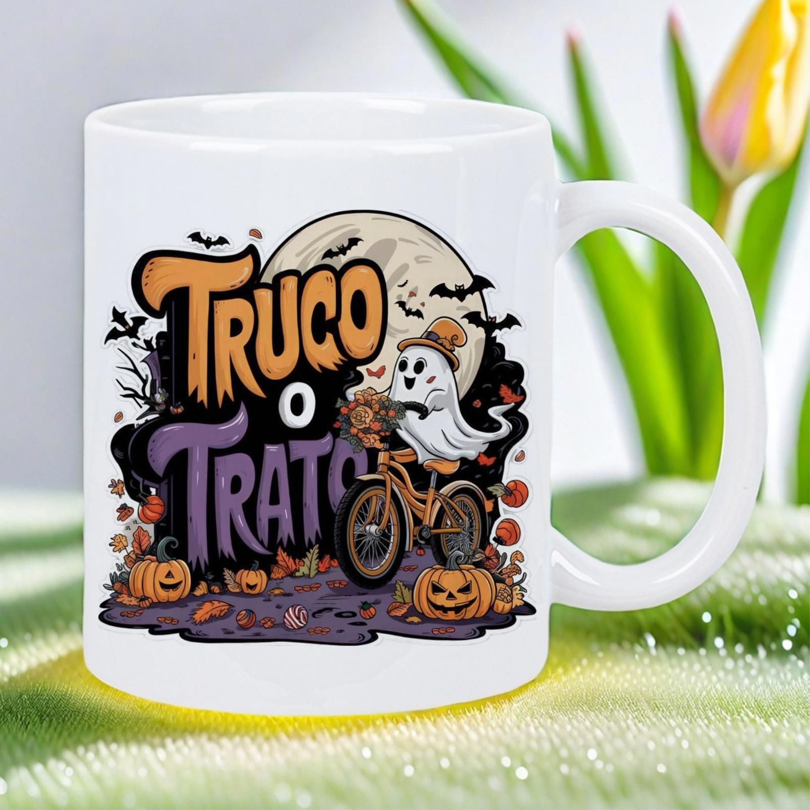 Tailorly White Ceramic 11 oz Mug - Cute Spooky Entity Riding A Vintage Bicycle Under The Glowing Moonlit Night Ghost