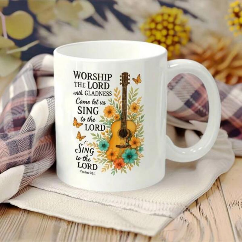 Tailorly White Ceramic 11 oz Mug - Worship The Lord With Gladness Sing To The Lord Elegant Acoustic Guitar Surrounded By Colorful Blooming Wildflowers And Small