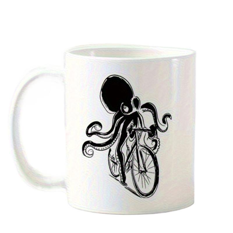 Tailorly White Ceramic 11 oz Mug - Artistic Vintage Style Sea Creature Gracefully Riding A Retro Classic Road Bicycle Octopus