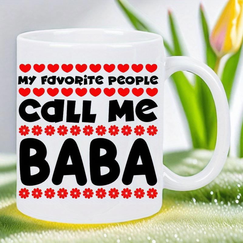 Tailorly White Ceramic 11 oz Mug - My Favorite People Call Me Baba Minimalist Style Featuring Red Hearts And Decorative Symmetrical Floral Mug