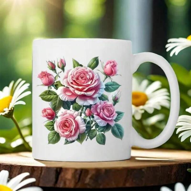 Tailorly White Ceramic 11 oz Mug - Elegant Blooming Pink Garden Roses With Lush Green Leaves Rose