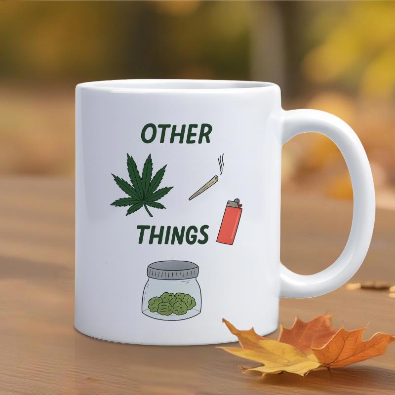 Tailorly White Ceramic 11 oz Mug - Other Things Illustrative Green Cannabis Leaf Beside Smoking Joint Lighter And Glass Herb Jar Marijuana