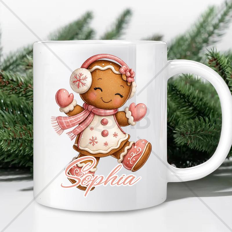 Tailorly White Ceramic 11 oz Mug - Sophia Charming Winter Gingerbread Girl Wearing Pink Accessories And White Snowy Dress Gingerbread Girl