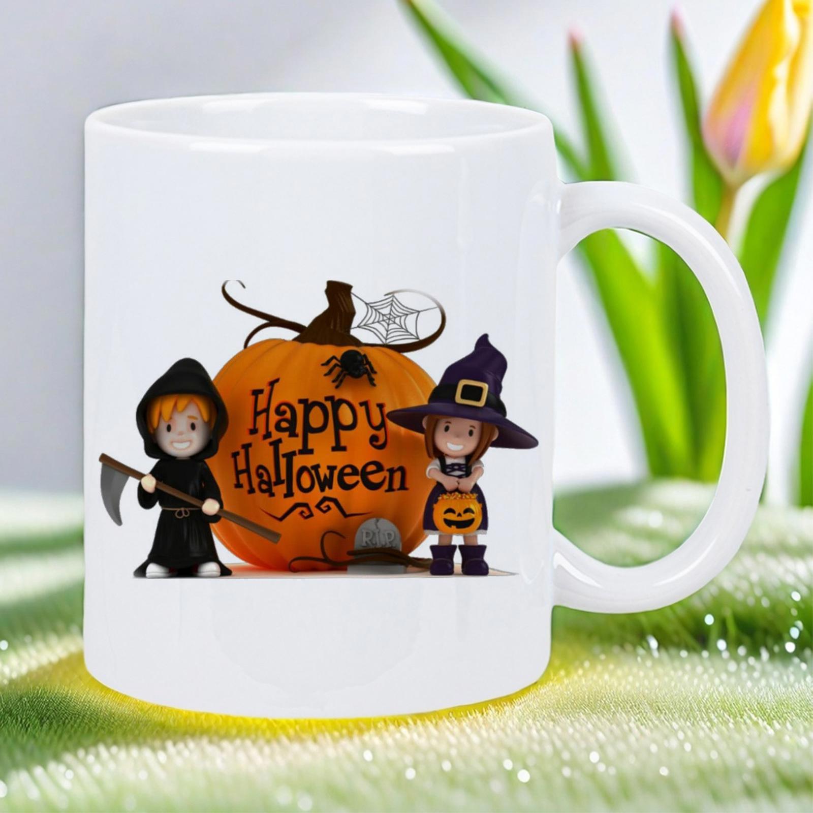 Tailorly White Ceramic 11 oz Mug - Happy Halloween Cute Children In Costumes Standing Beside A Large Carved Festive Pumpkin