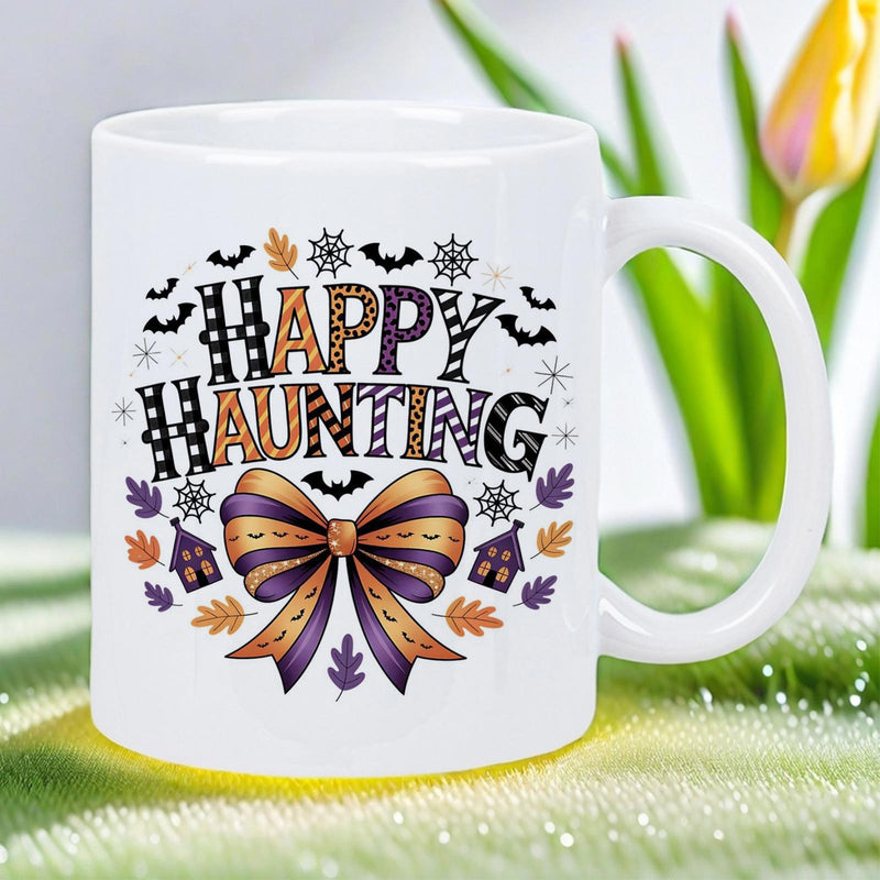 Tailorly White Ceramic 11 oz Mug - Happy Haunting Decorative Striped Bow Among Spooky Bats And Autumn Leaves Mug