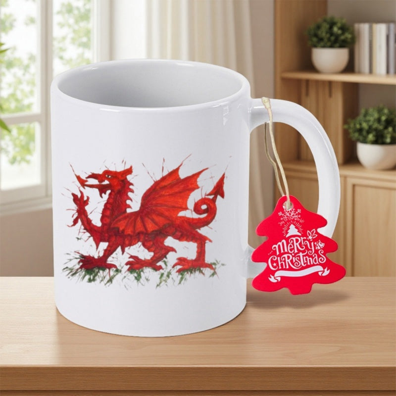 Tailorly White Ceramic 11 oz Mug - Merry Christmas Vibrant Red Artistic Watercolor Dragon With Spreading Wings And Green Splashes Dragon