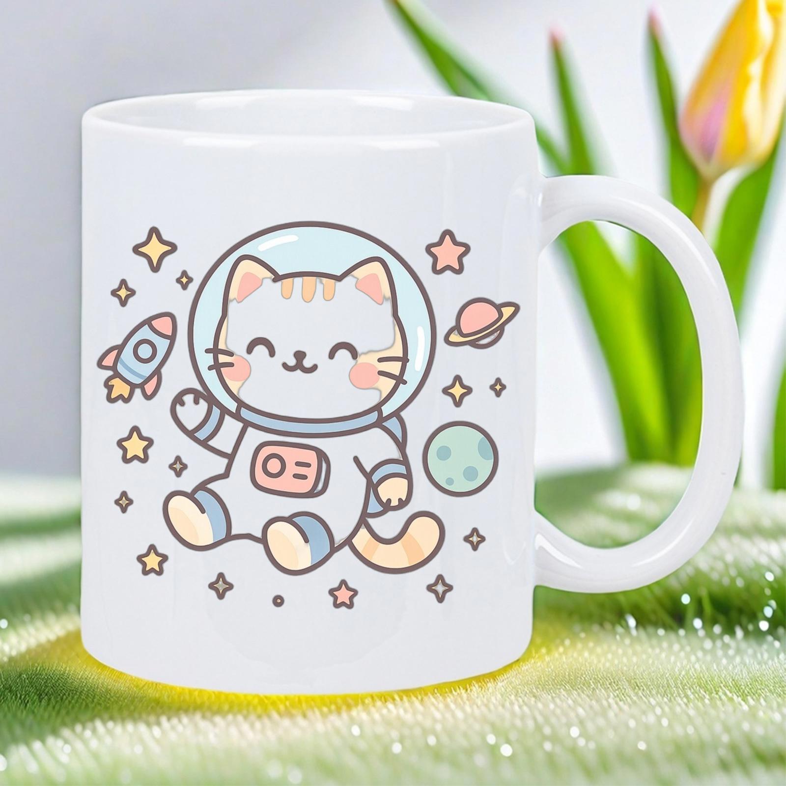 Tailorly White Ceramic 11 oz Mug - Kawaii Cartoon Feline Floating In Outer Space Among Rocket Ships Stars Cat