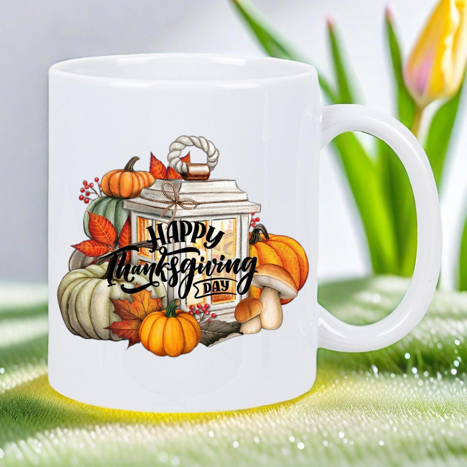 Tailorly White Ceramic 11 oz Mug - Happy Thanksgiving Day Vibrant Autumn Harvest With Lantern Among Fallen Leaves And Various Pumpkin