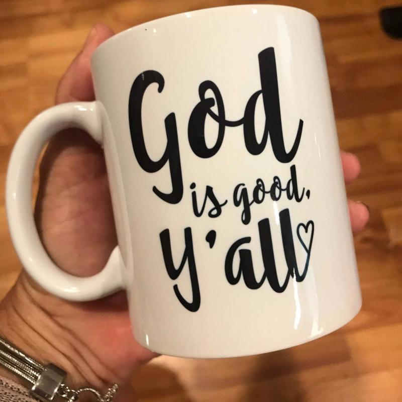 Tailorly White Ceramic 11 oz Mug - God Is Good Yall Elegant Script Typography With Tiny Heart Minimalist Mug