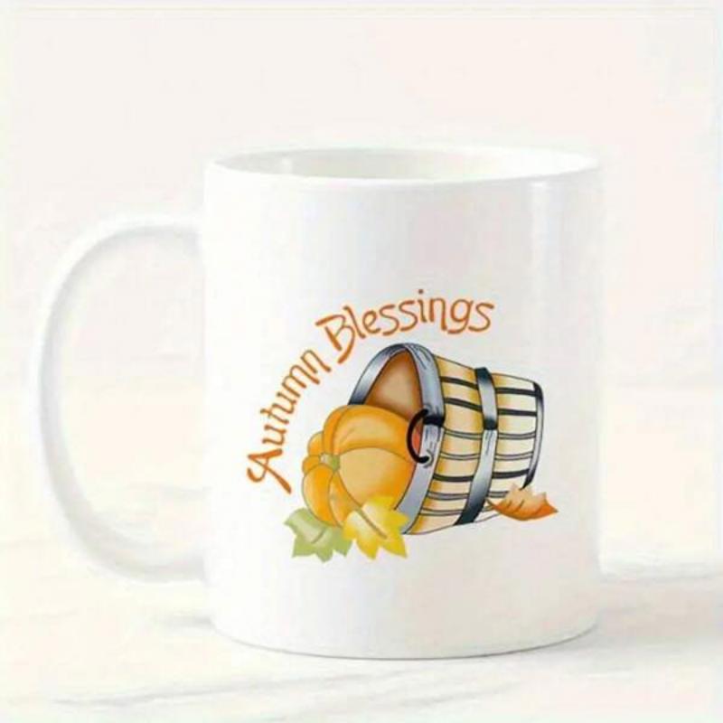 Tailorly White Ceramic 11 oz Mug - Autumn Blessings Rustic Wooden Basket Overflowing With Ripe Orange Pumpkin And Autumn Leaves Pumpkin