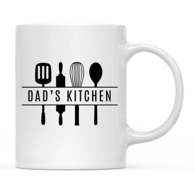 Tailorly White Ceramic 11 oz Mug - Dads Kitchen Minimalist Black Kitchen Utensils Silhouette Arranged Neatly Between Two Lines Utensils