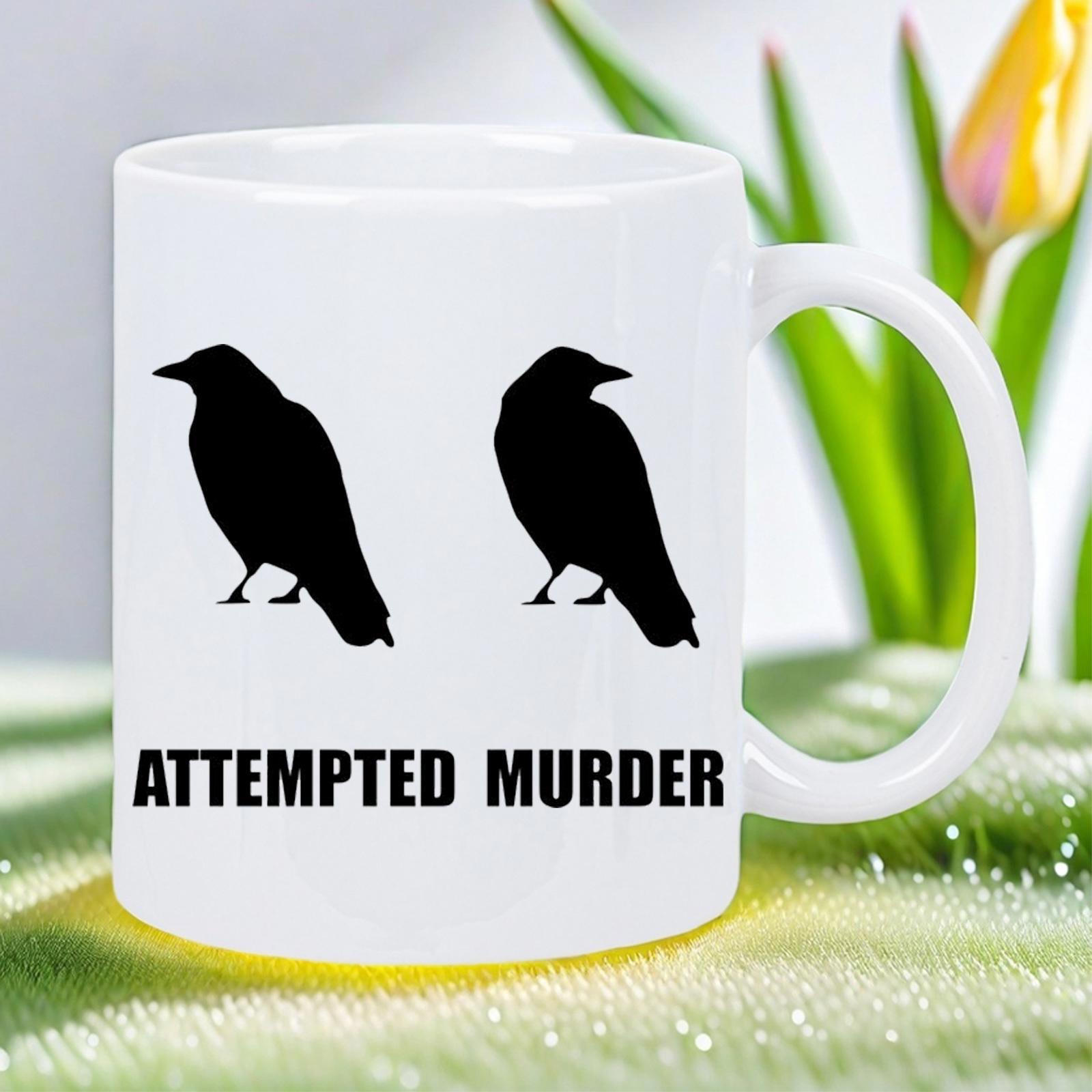 Tailorly White Ceramic 11 oz Mug - Attempted Murder Minimalist Black Silhouettes Of Two Crows Perched Together On A Surface Crow