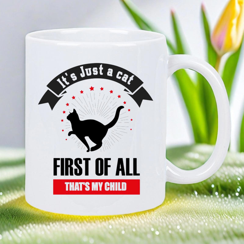 Tailorly White Ceramic 11 oz Mug - Its Just A Cat First Of All Thats My Child Playful Black Silhouette Leaping Gracefully Amidst Arched Red Decorative Dots Cat