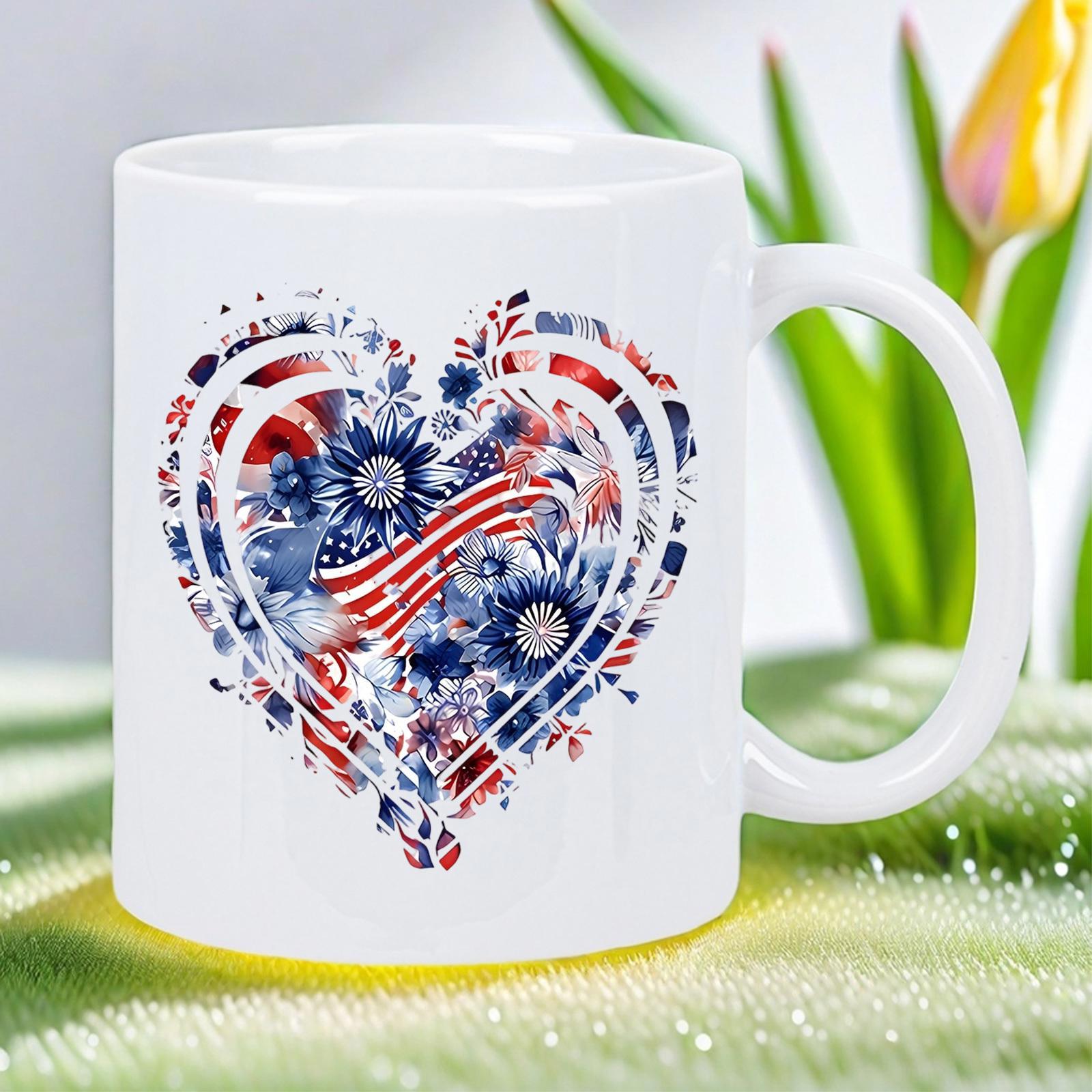 Tailorly White Ceramic 11 oz Mug - Patriotic Floral Arrangement With Red White And Blue American Flag Theme Heart