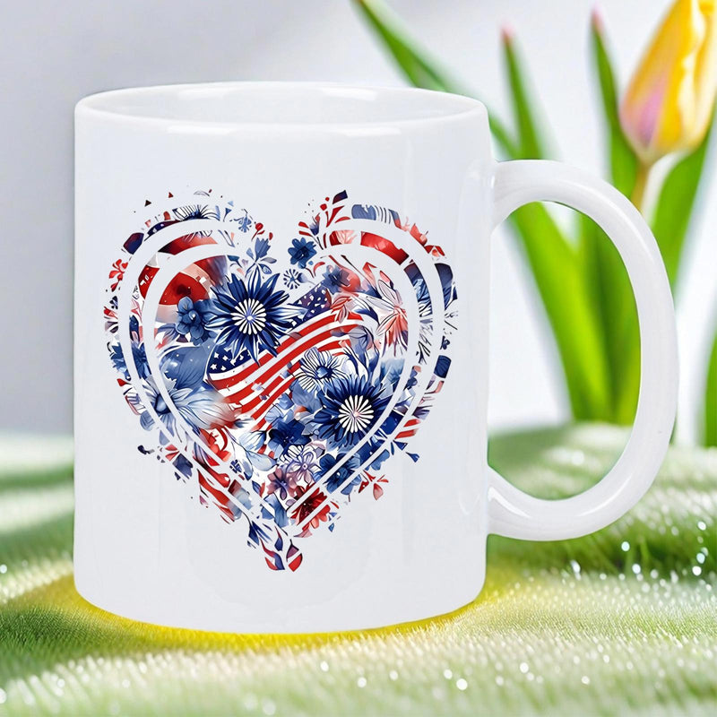 Tailorly White Ceramic 11 oz Mug - Patriotic Floral Arrangement With Red White And Blue American Flag Theme Heart