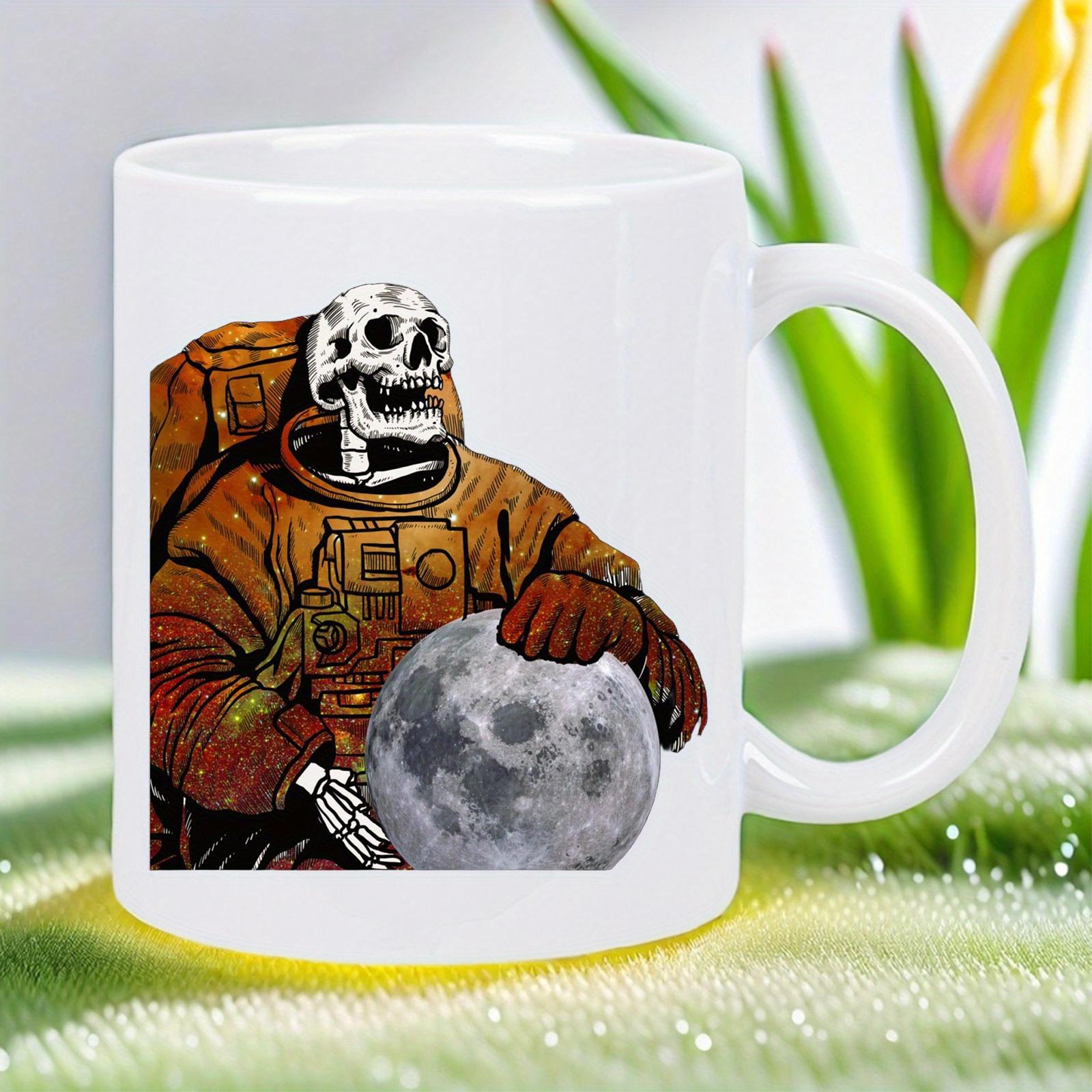 Tailorly White Ceramic 11 oz Mug - Skeleton In Distressed Orange Space Suit Leaning Over Cratered Moon Astronaut