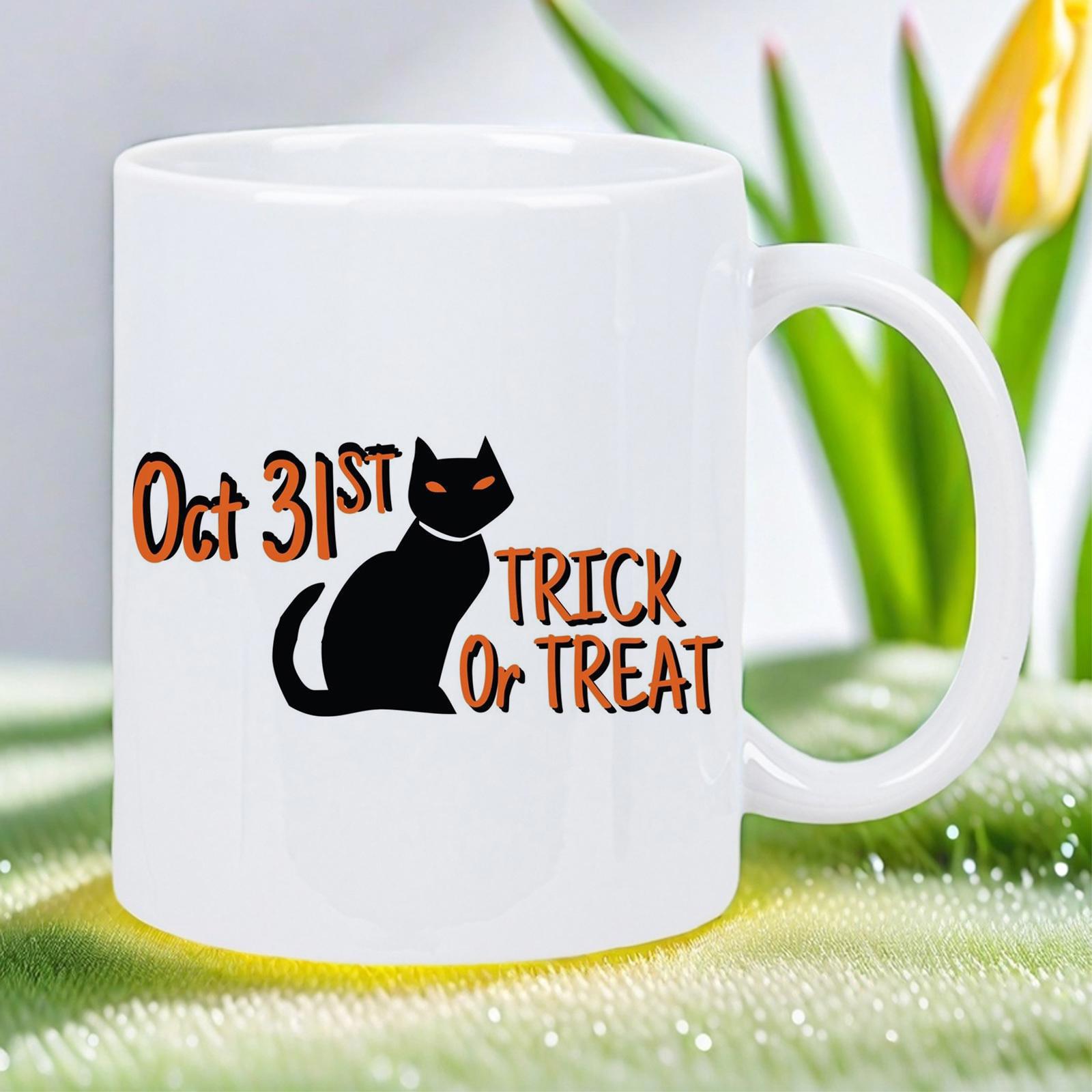 Tailorly White Ceramic 11 oz Mug - Oct 31st Trick Or Treat Mysterious Sitting Feline Silhouette With Glow Eyes Among Festive Holiday Lettering Cat