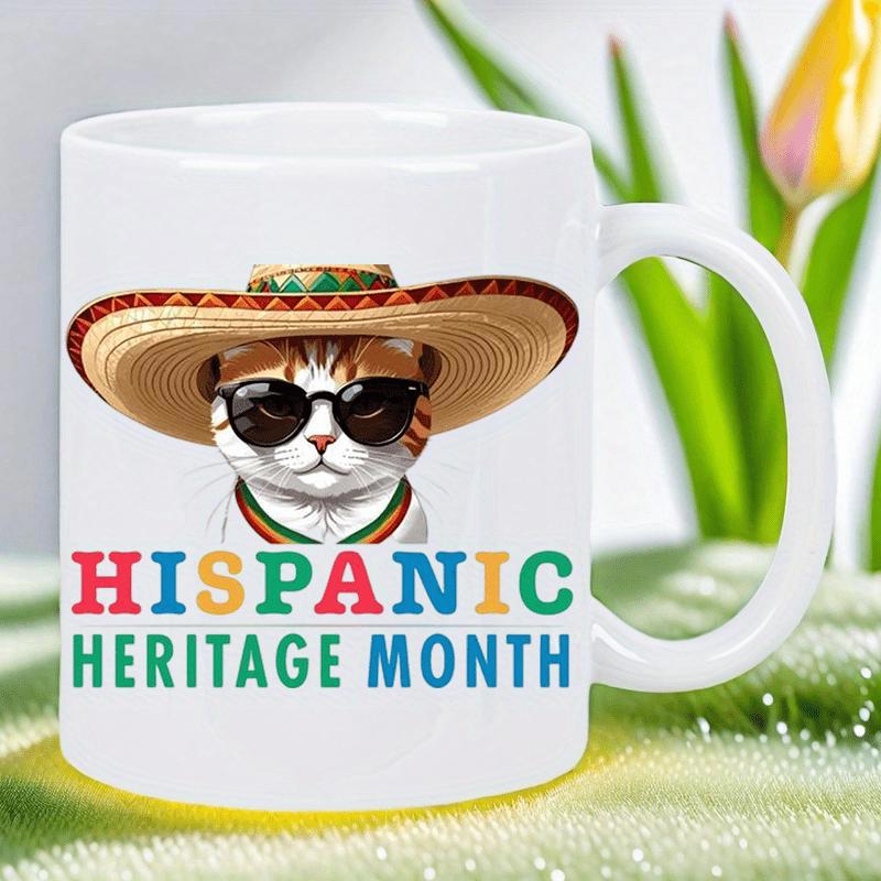 Tailorly White Ceramic 11 oz Mug - Hispanic Heritage Month Cool Ginger Cat Wearing Traditional Mexican Sombrero Hat Cat