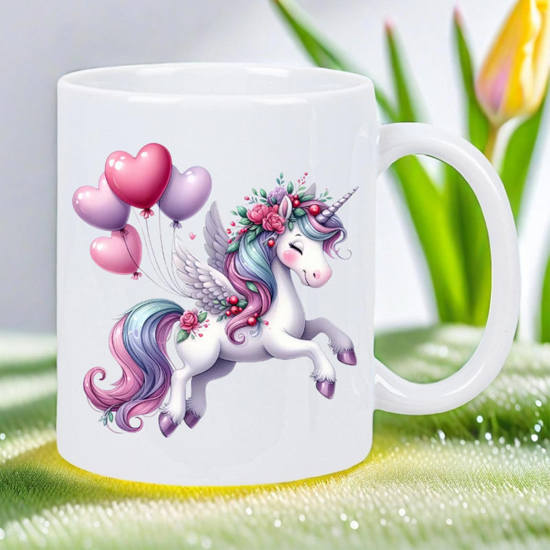 Tailorly White Ceramic 11 oz Mug - Magical Winged Creature With Colorful Mane Carrying Heart Shaped Balloons Unicorn