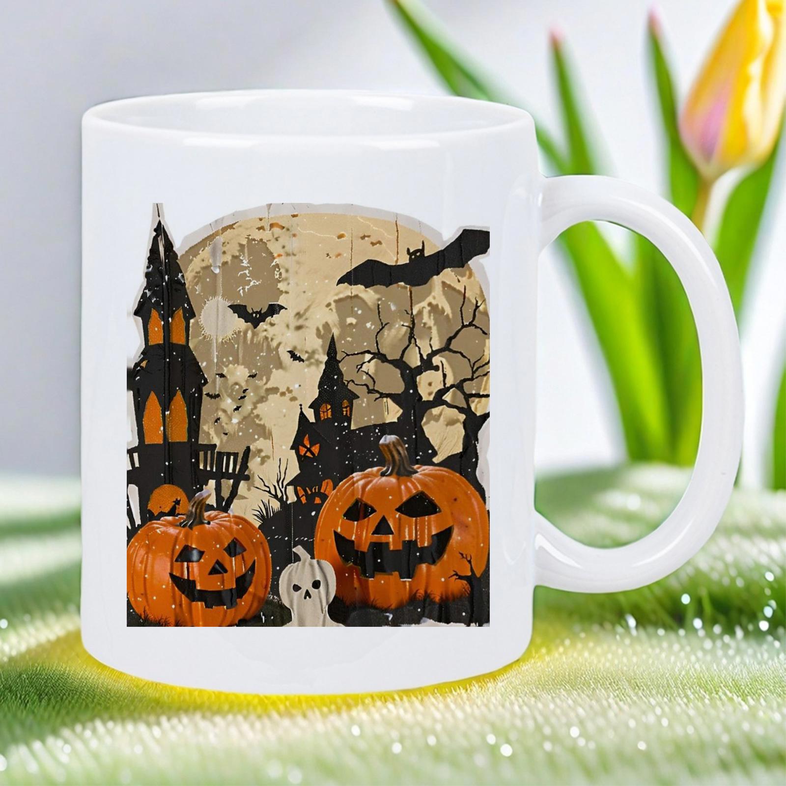 Tailorly White Ceramic 11 oz Mug - Spooky Haunted House Under Full Moon With Bats Flying Over Jack O Lantern Pumpkin