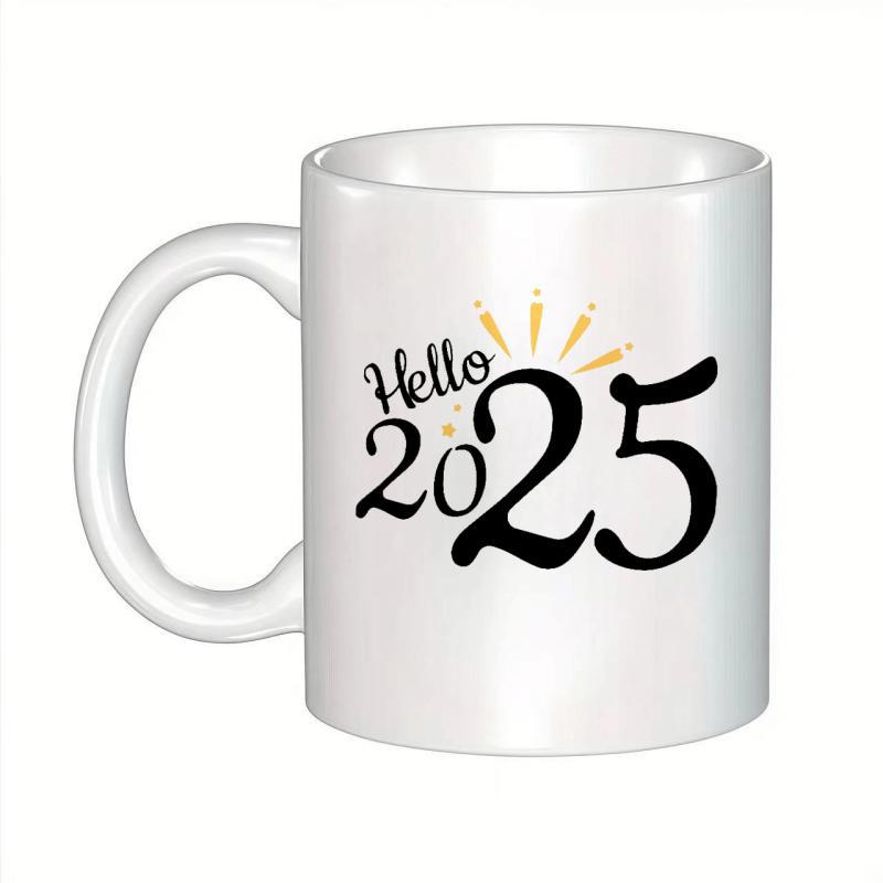 Tailorly White Ceramic 11 oz Mug - Hello 2025 Minimalist Featuring Elegant Script And Golden Rays Decorative Mug