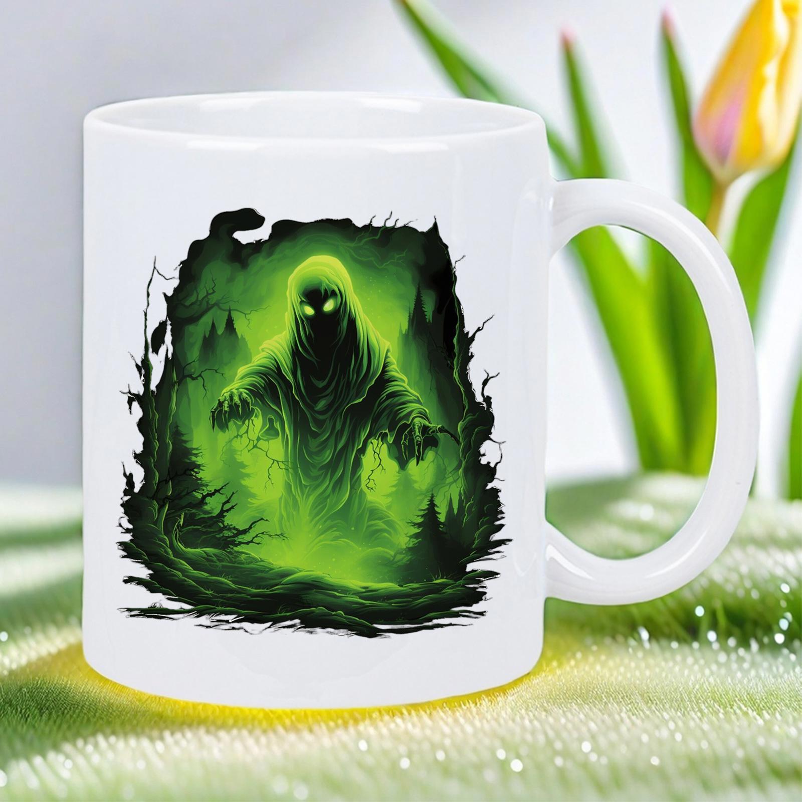 Tailorly White Ceramic 11 oz Mug - Eerie Glowing Green Spirit Rising Within A Dark Mysterious Forest Phantom