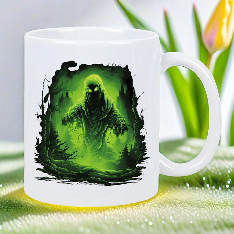 Tailorly White Ceramic 11 oz Mug - Eerie Glowing Green Spirit Rising Within A Dark Mysterious Forest Phantom