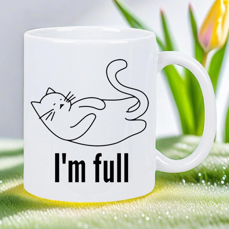 Tailorly White Ceramic 11 oz Mug - I'm Full Minimalist Black Line Art Of A Fat Cat Lying Belly Up Cat