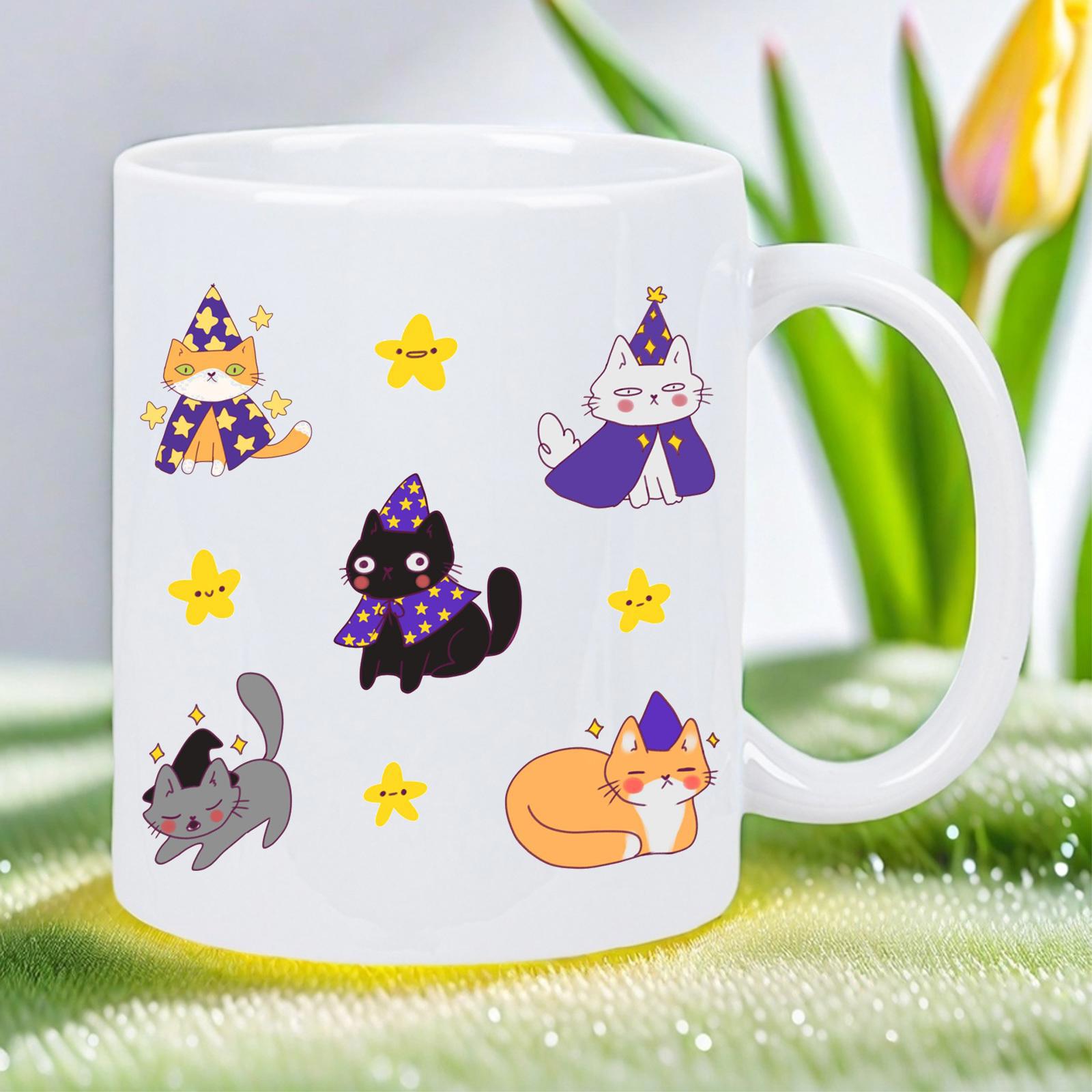 Tailorly White Ceramic 11 oz Mug - Adorable Whimsical Wizard Kittens Wearing Purple Hats Among Twinkling Stars Cat