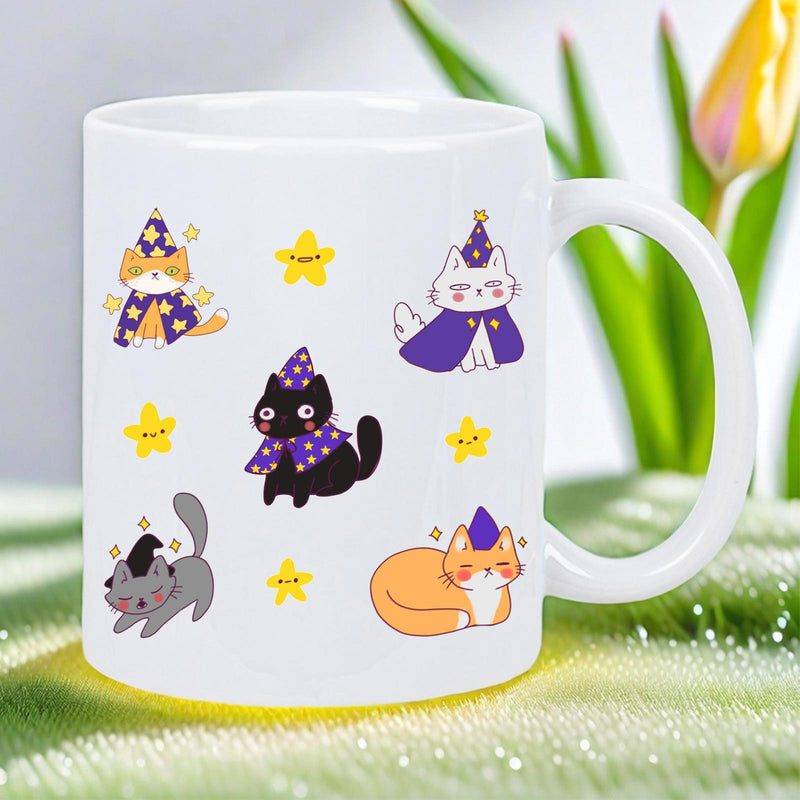 Tailorly White Ceramic 11 oz Mug - Adorable Whimsical Wizard Kittens Wearing Purple Hats Among Twinkling Stars Cat